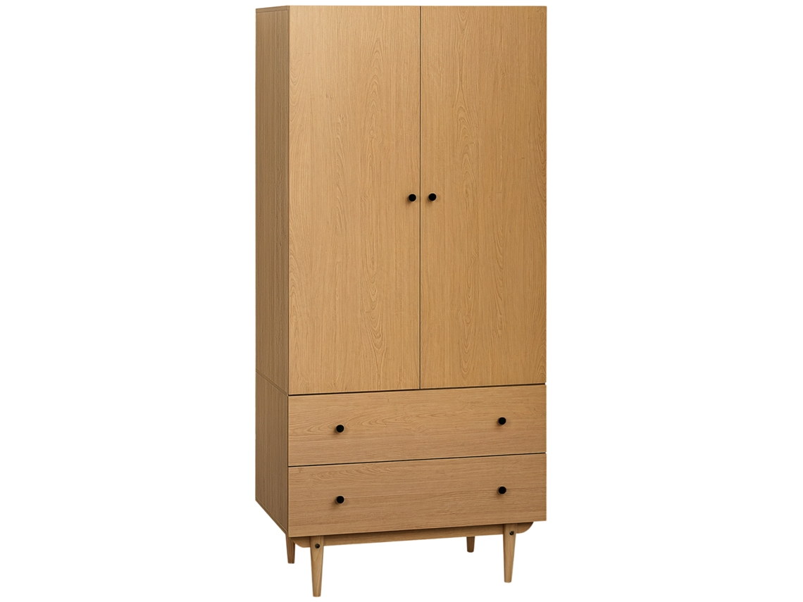 Armario con 2 puertas, 2 cajones, barra para colgar ropa y acabado de madera.