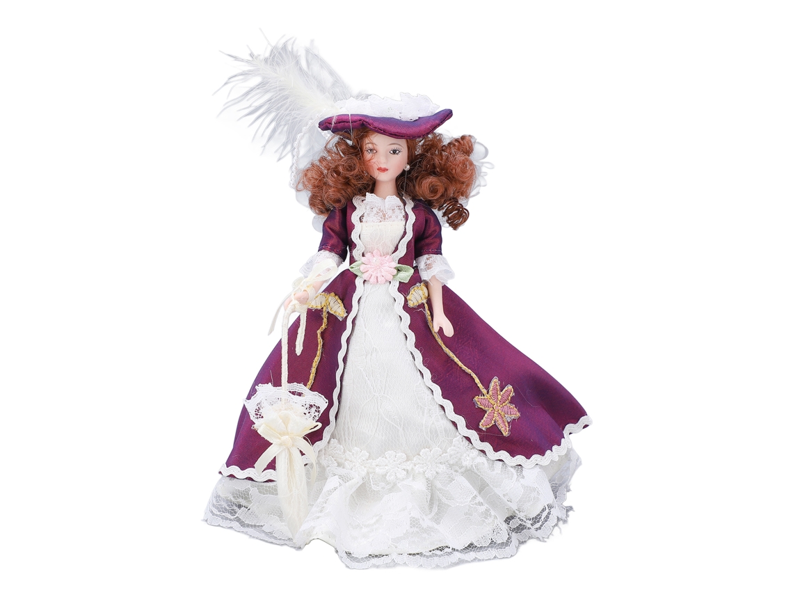 Ats-muñeca De Porcelana Miniatsura Estilo Victoriano Con Falda Morada Oscura Y Sombrero Para Decoración De Casa De Muñecas 1/12