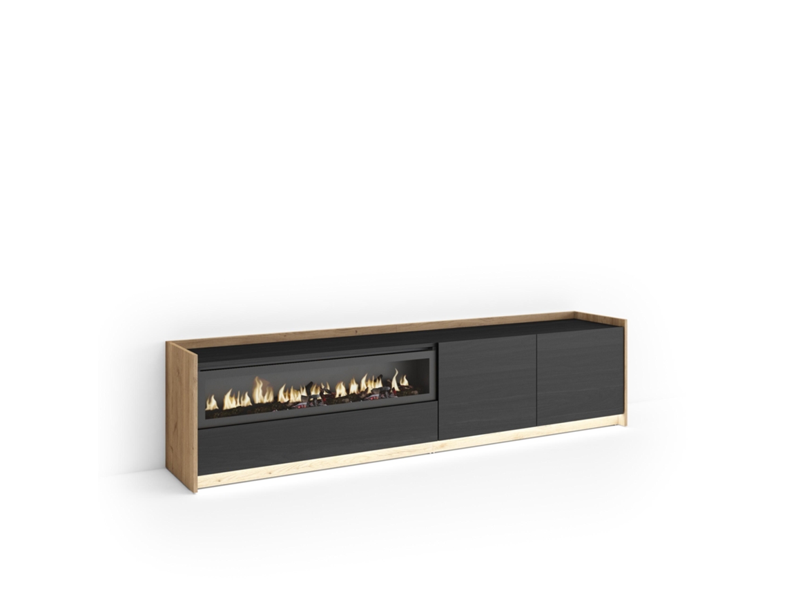 Mueble para TV, 207x37x50cm, para televisores de hasta 80'', chimenea eléctrica, LED, negro y roble.