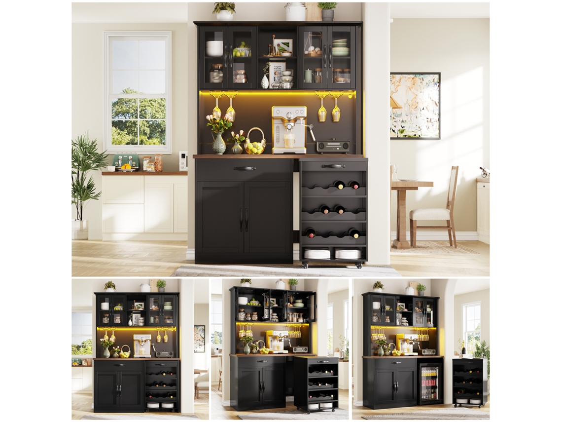 Mueble De Cocina De 140 Cm Con Carrito Led, Botellero Y Soporte Para Copas.