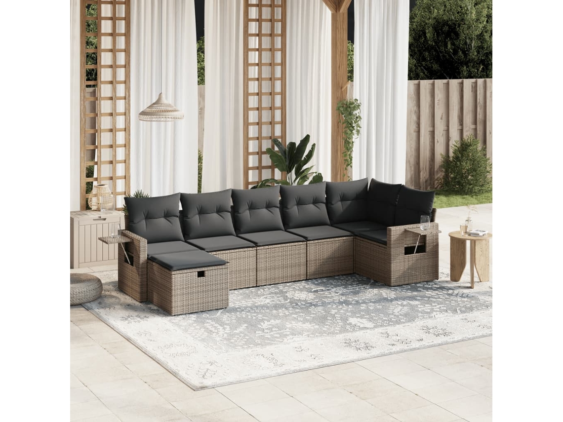 Conjunto de sofá de jardín de 7 piezas con cojines, mimbre gris, DKD Home Decor