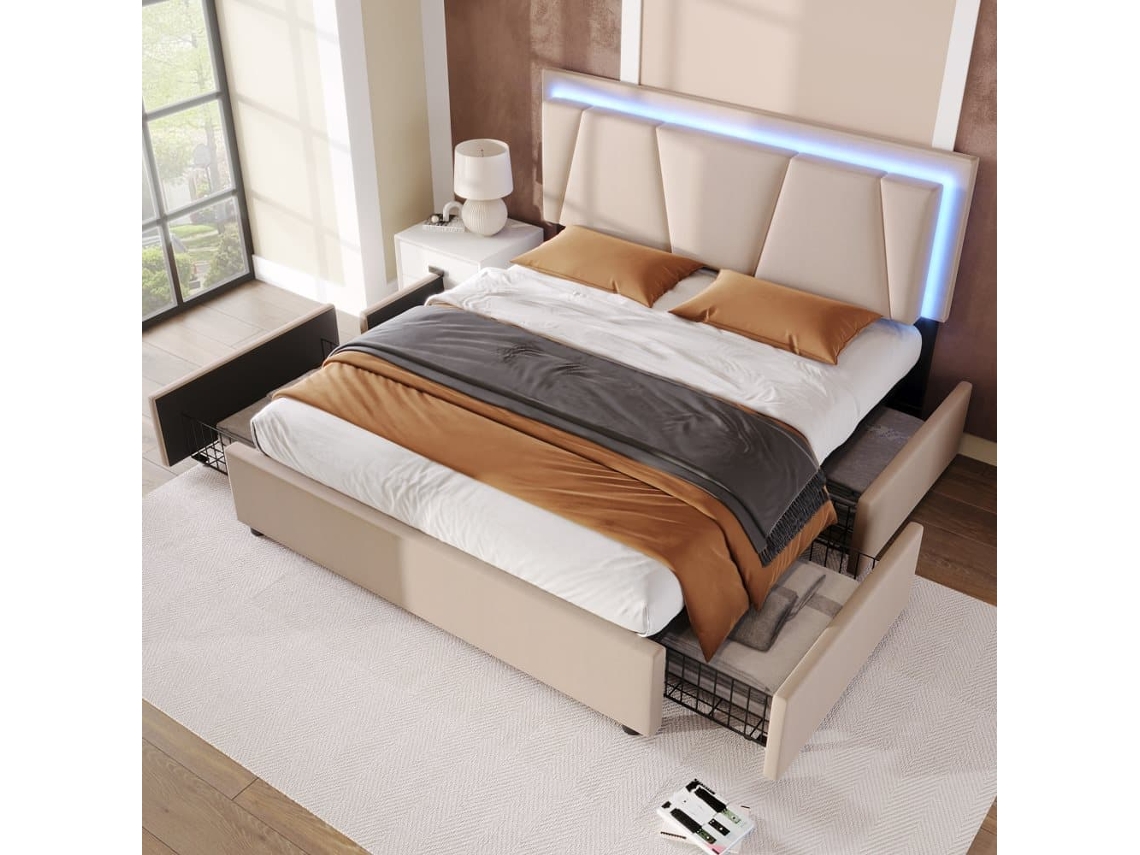 Cama Tapizada 140x200cm - Con Led, 4 Cajones, Cabecero Ajustable - Beige
