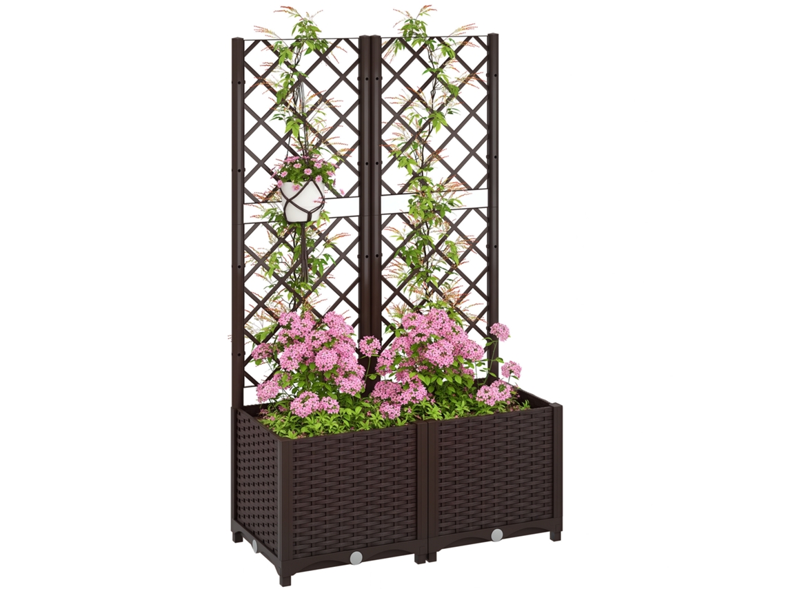 Maceta de plástico con enrejado para plantas trepadoras, con drenaje, 80x40x135 cm, marrón.