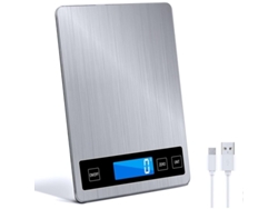 Balanza de cocina digital de 15 kg con pantalla LCD, acero inoxidable y cristal templado.