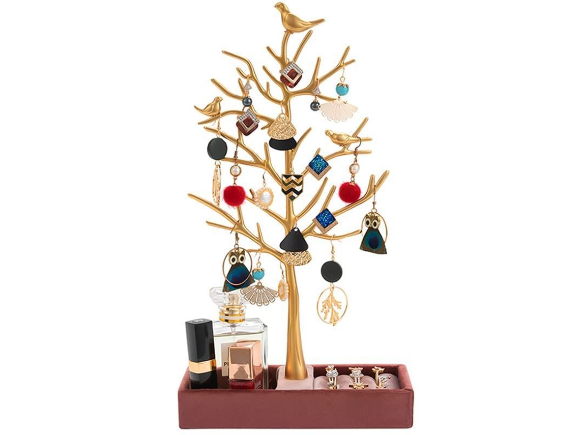 Soporte De Joyería Árbol De Pájaros Dorado, Organizador Colgante Madera Para Collares Aretes Pulseras