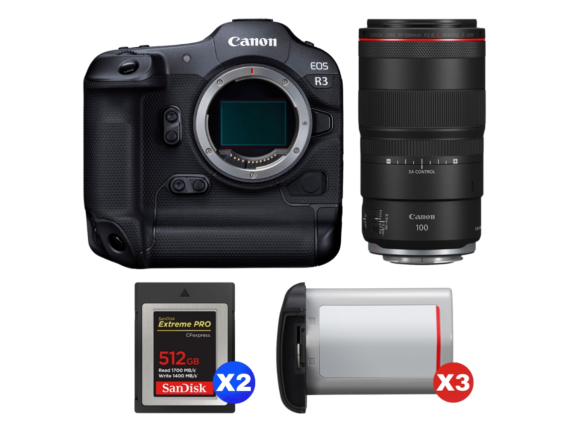 Canon Eos R3 + Rf 100mm F/2.8 L Macro Is Usm + 2 Sandisk 512gb Extreme Pro Cfexpress Type B + 3 Canon Lp-e19 + Ebook Pricedirect