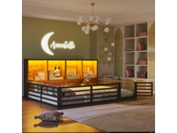 Cama Con Plataforma De Metal Negro De 140x200 Con Barandillas De Seguridad Y Cajones.