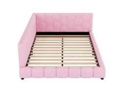 Sofá cama LED con puerto USB, madera Mobrio y terciopelo rosa (140x200)