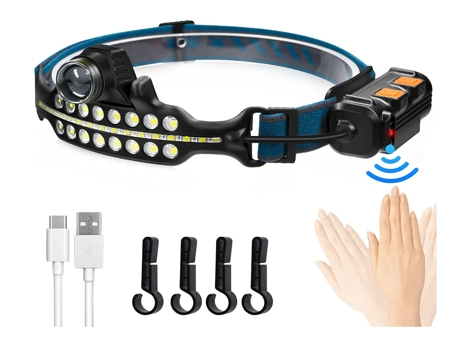Linterna frontal USB recargable LED para casco de seguridad, COB 270° reflector con zoom con luz roja y sensor de movimiento (negro) CHRONUS