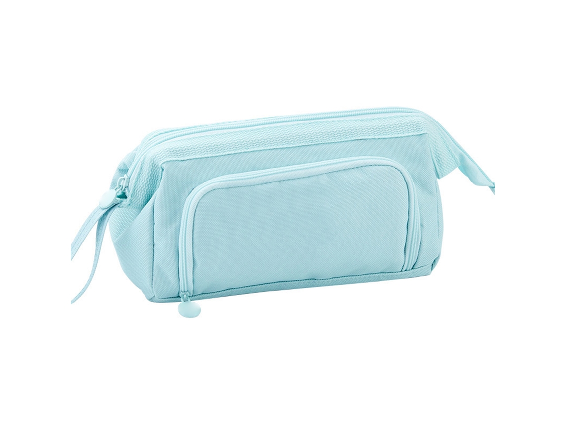 Estuche de lápices azul para niños con doble tapa, cremallera y ventilación portátil.