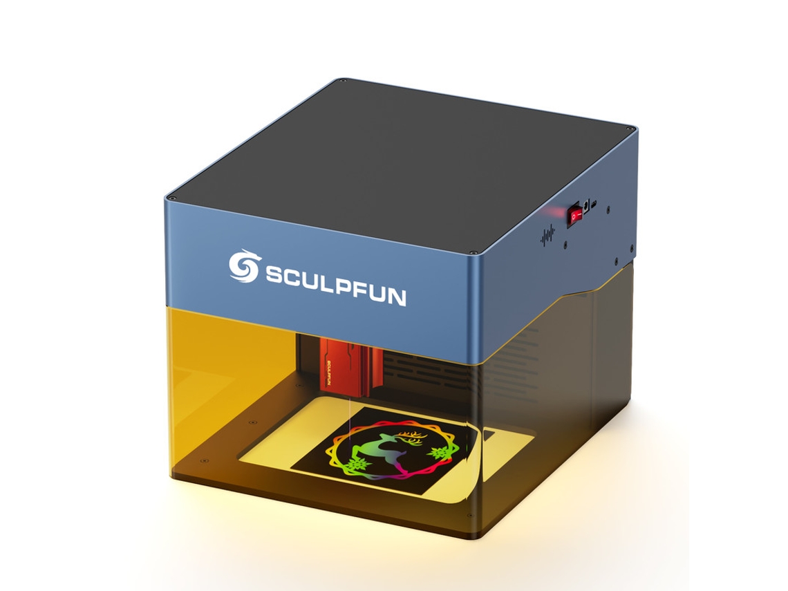 Grabador láser Sculpfun Icube Pro (5 W, punto láser de 0,06 mm, 10 000 mm/min, placa base de 32 bits, filtro de humo, conexión a la aplicación, 130 x 130 mm)