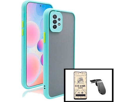 Kit Funda Antichoque, Cristal Templado CeramicGlass Full Cover y Soporte Magnético L Safe Driving Coche Samsung Apple M32 5G PHONECARE Azul Claro