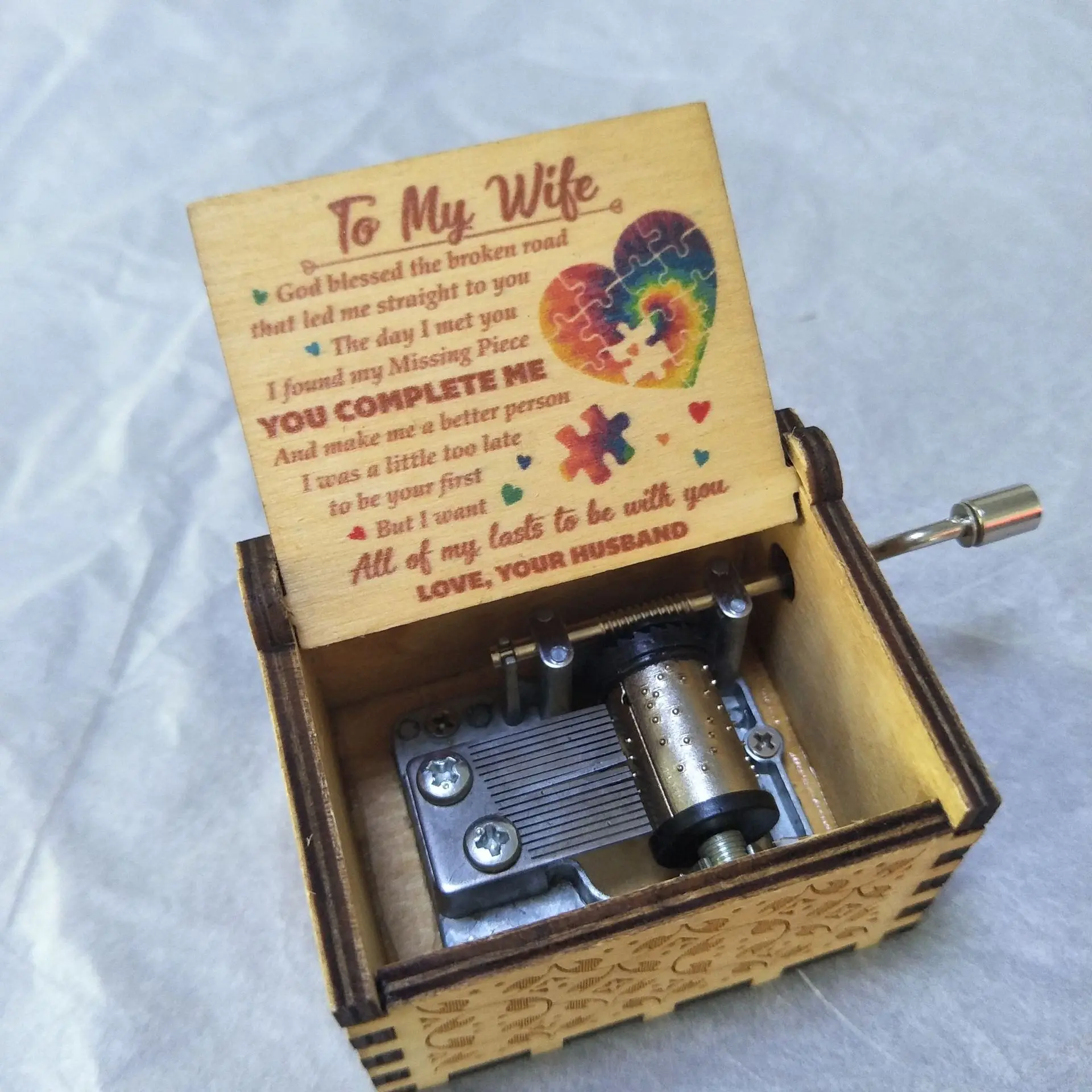 (para Mi Esposa 1) Caja De Música De Madera Con Manivela Y Mecanismo Silencioso, Un Regalo Romántico De Aniversario.