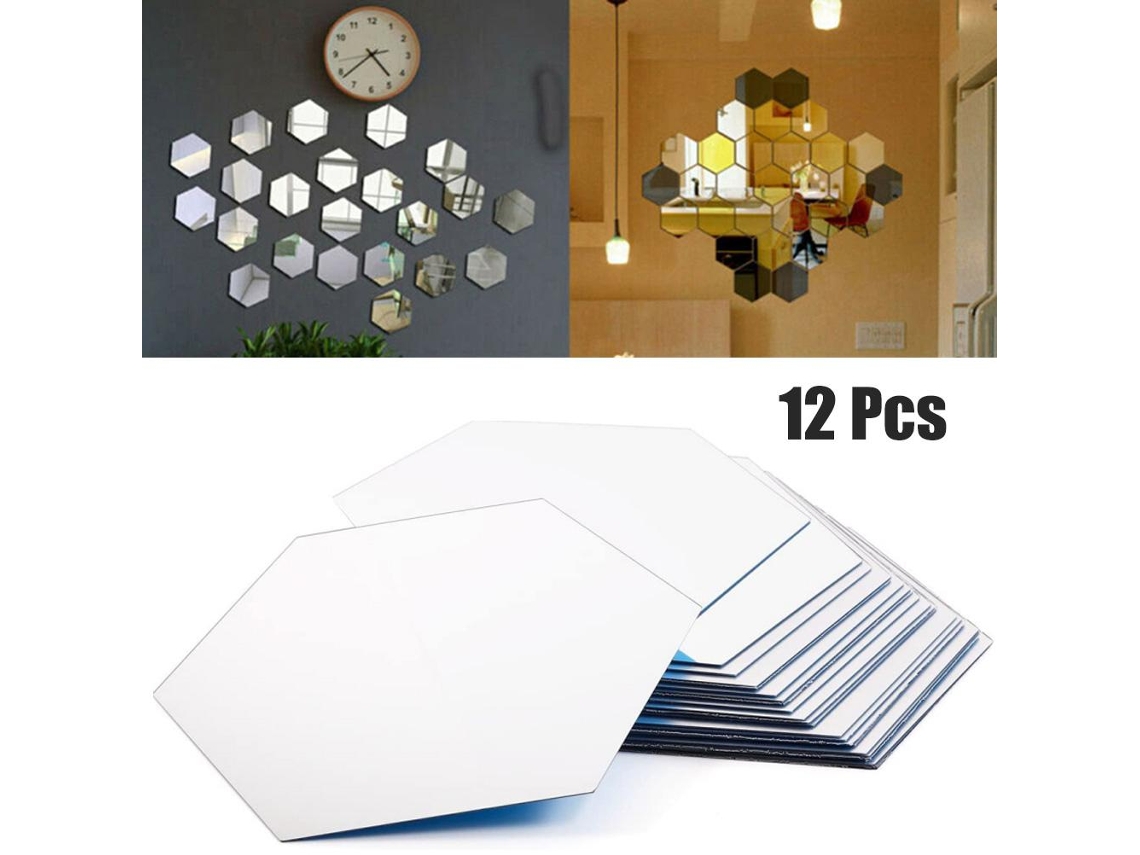 12 pegatinas de pared hexagonales con espejo acrílico 3D, decoración duradera y práctica para comedor y pasillo.