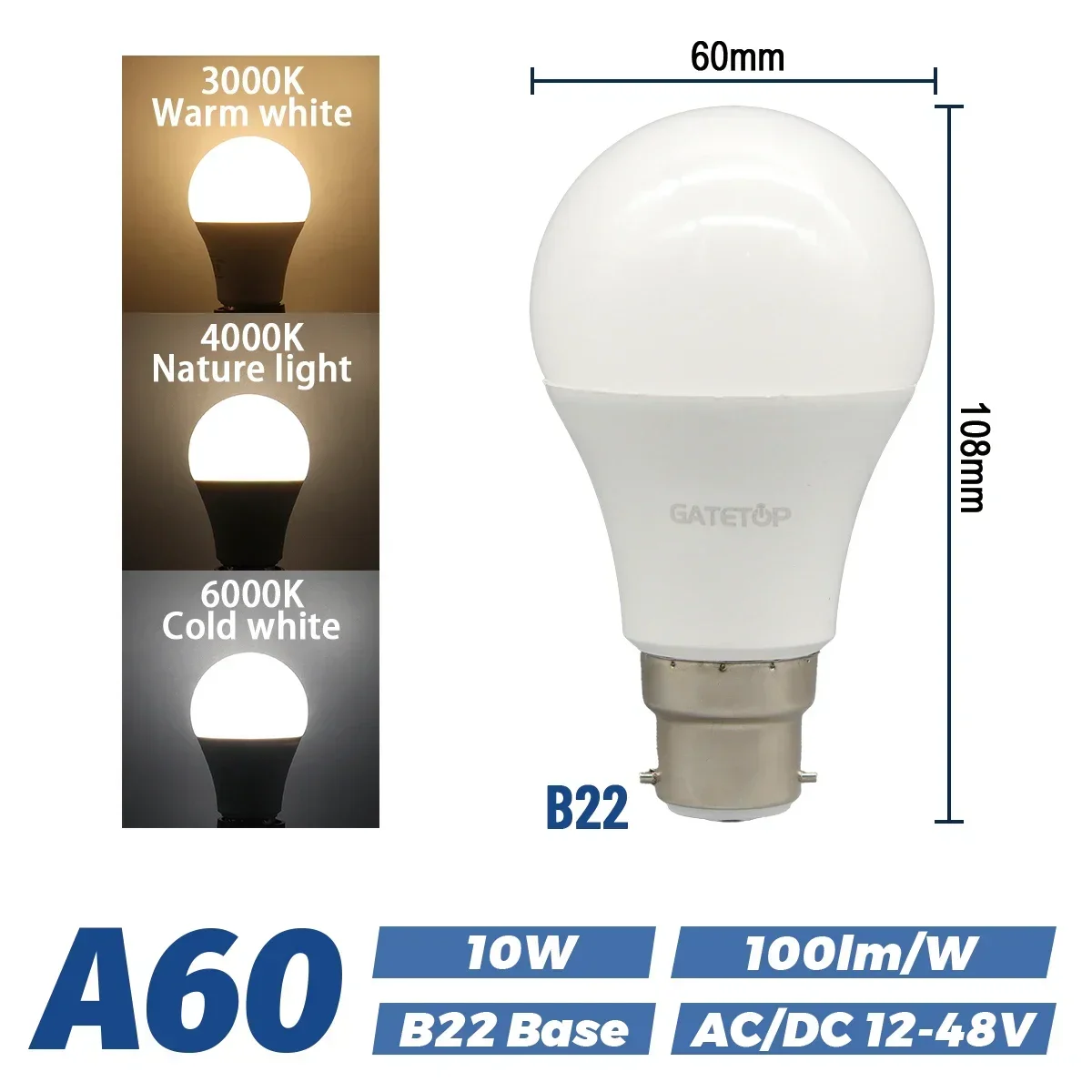 (10w B22, Luz Natural 4000k) Paquete De 10 Bombillas Led De 12v-48v, Bombillas De Bajo Voltaje