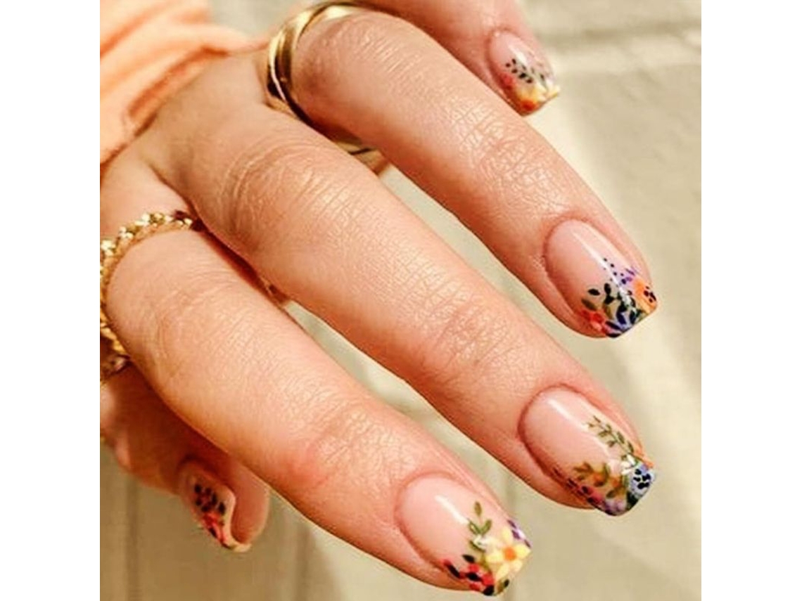 Uñas Postizas Cuadradas Cortas De Presión Con Diseño Floral Nude, Cobertura Completa, Para Bricolaje.
