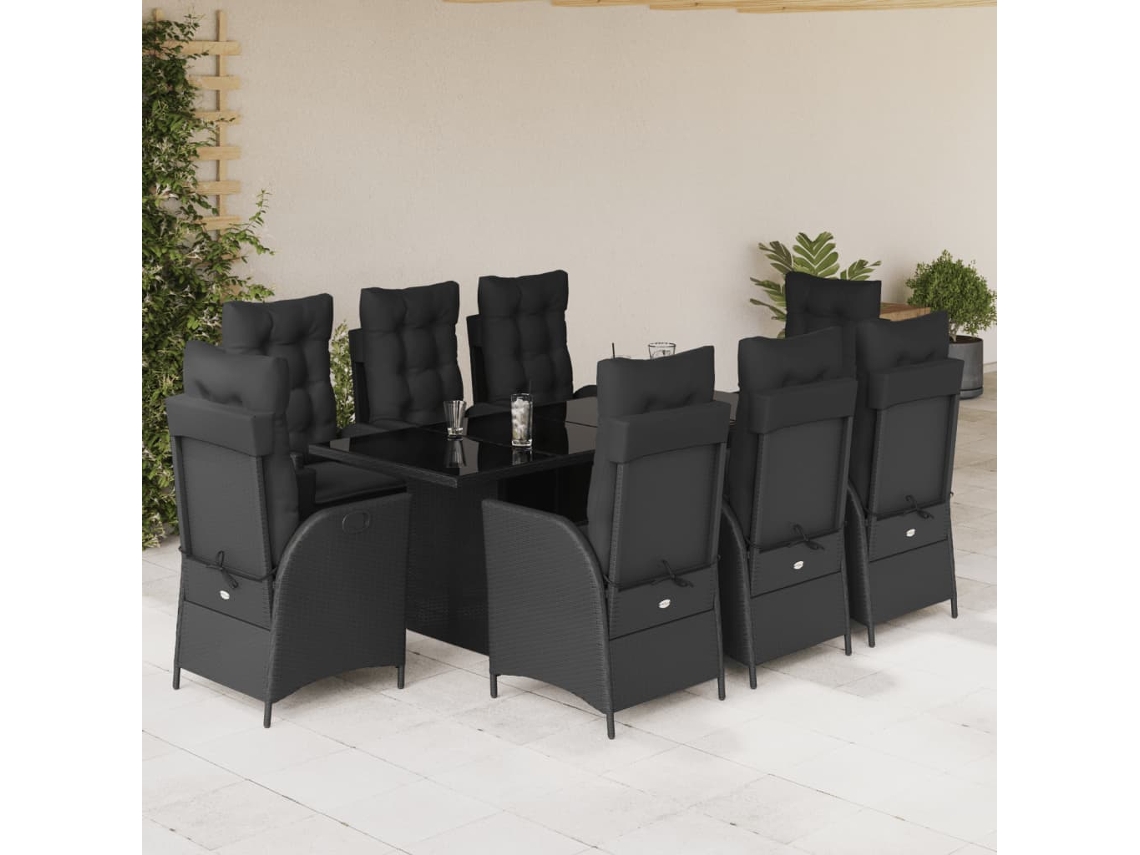 Juego de comedor de jardín de 9 piezas con cojines de mimbre negros de DKD Home Decor