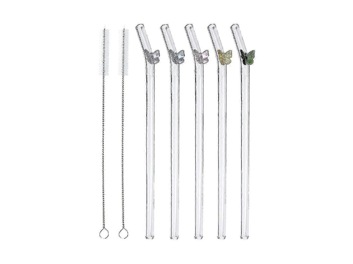 Pajitas de vidrio reutilizables, diseño de mariposas coloridas sobre pajitas transparentes con diseño resistente a la rotura, dobladas D Xxf Rosewell