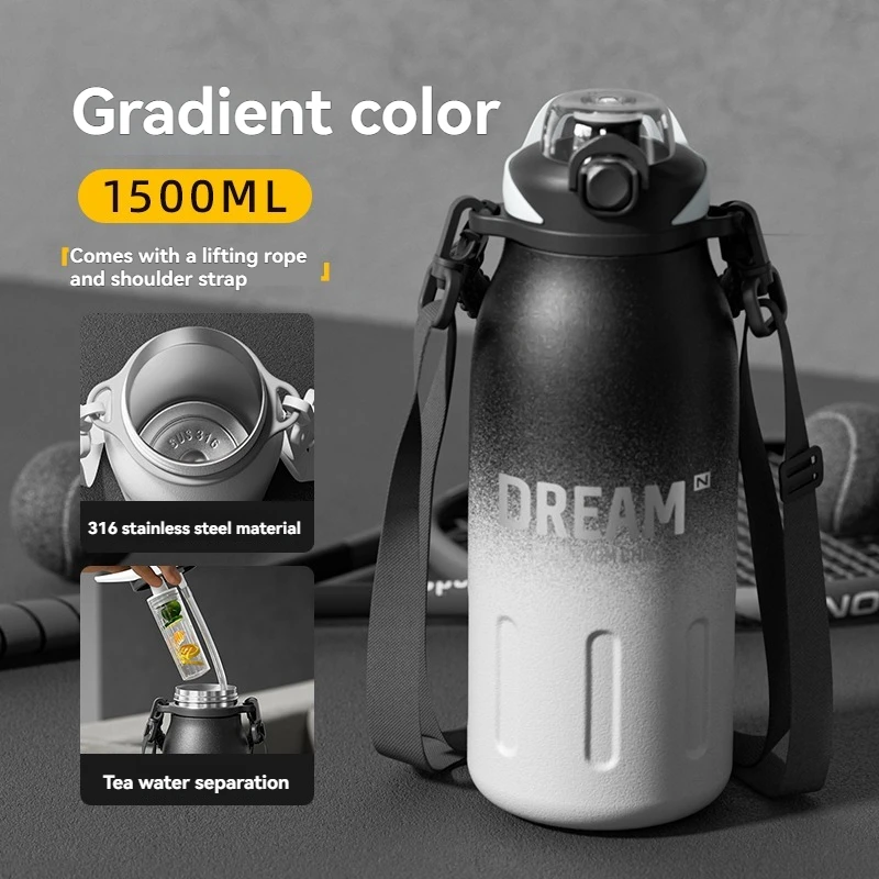 (negro Degradado, 1500 Ml) Taza Isotérmica De Acero Inoxidable 316, Taza Deportiva Portátil, Con Pajita
