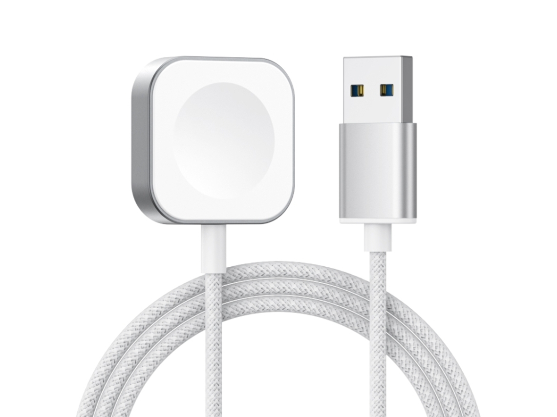Cargador inalámbrico magnético de carga rápida con interfaz USB para Apple Watch Series 3, color plata.