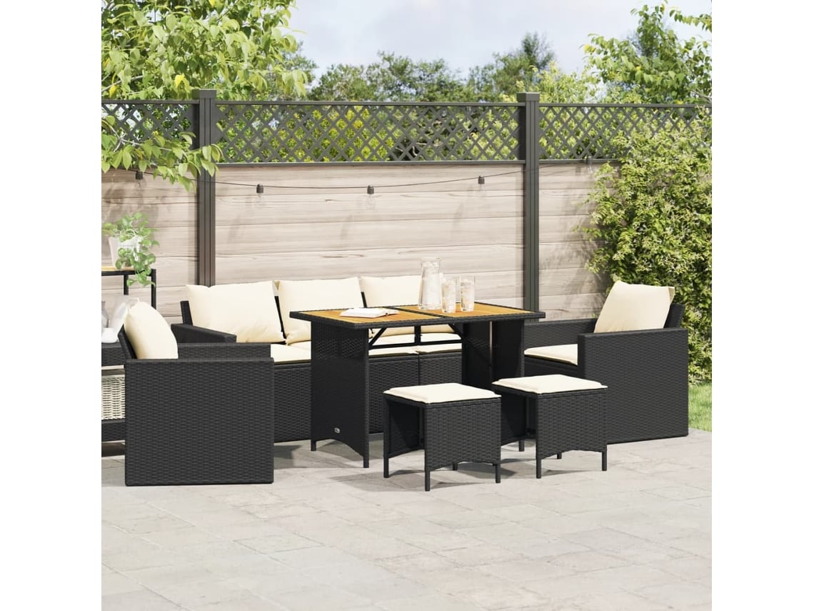 Conjunto de sofá de jardín de 6 piezas con cojines, mimbre sintético negro, DKD Home Decor