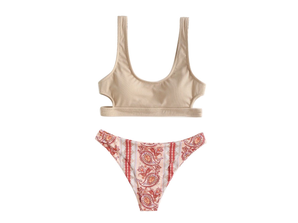 Traje de baño bikini beige con bonito estampado y tirantes anchos, talla L