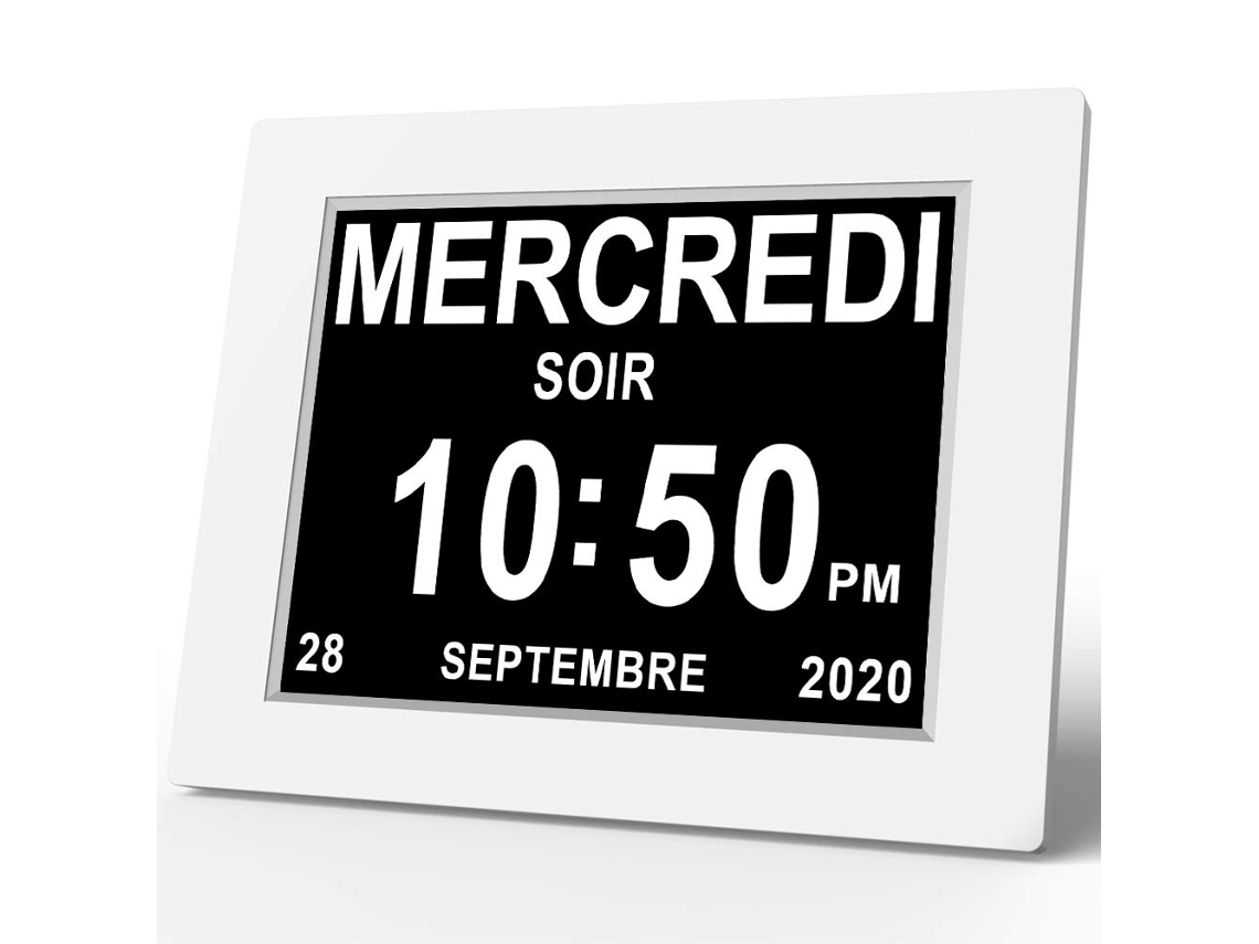 HYMNORA Reloj Calendario Digital LCD con Fecha Día y Hora No Abreviados, Atenuación Automática, 8 Idiomas, Pantalla HD, Recordatorio