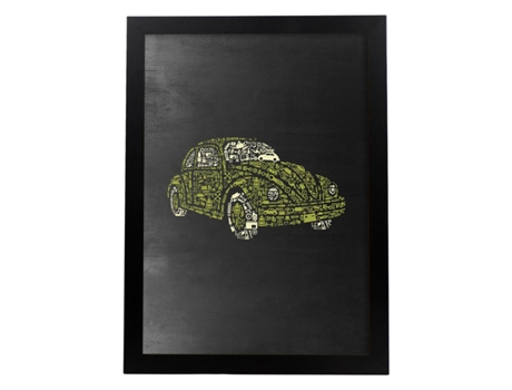 Lámina Amarilla Y Negra De Coche Beetle Escarabajo En Poster Con Fondo Negro Estilo Pizarra. Papel 250 Gr Y Tintas De Alta Calidad. Sin Marco
