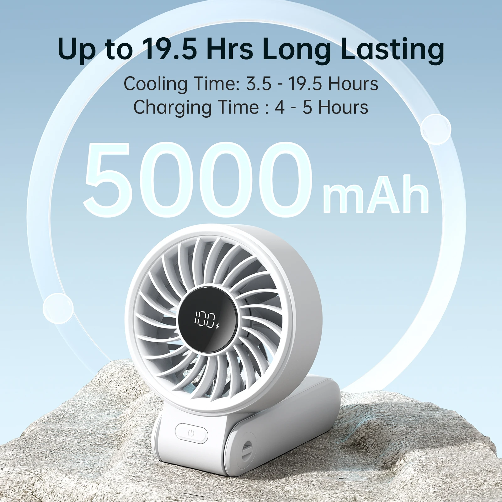 Ventilador Portátil De Mano (5000 Mah, Blanco) Con Pantalla Led, 5 Velocidades De Viento Y Capacidad De Plegado De 150°.