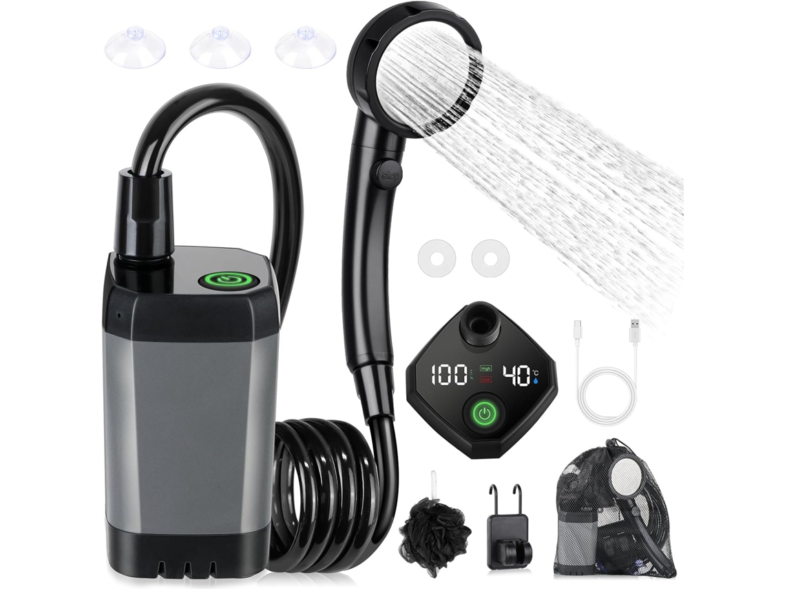 Bomba de ducha portátil para exteriores, ducha eléctrica con 4 niveles de ajuste de agua, adecuada para viajes y campamentos.