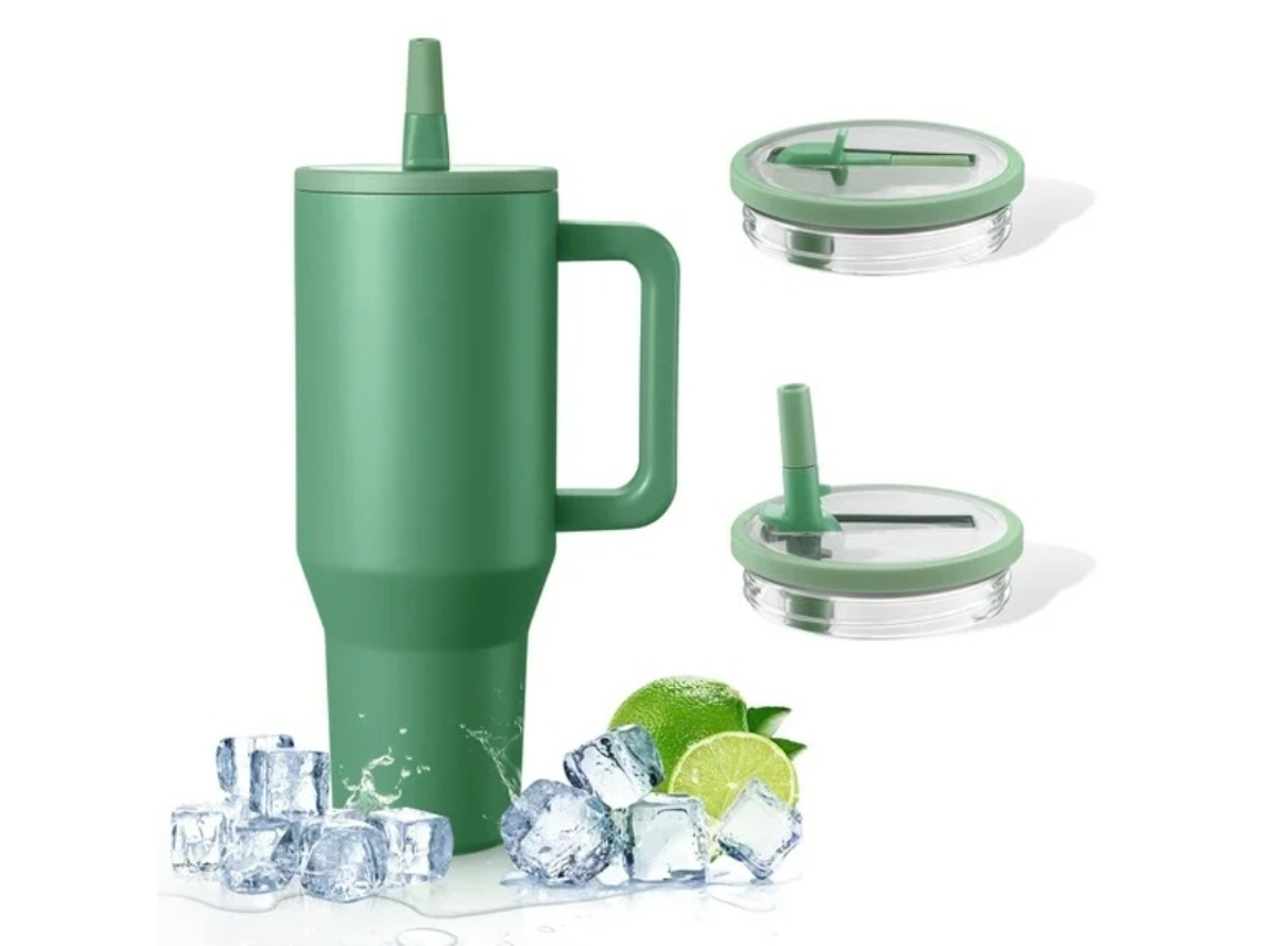 Taza térmica con aislamiento al vacío (1,2 litros) con tapa, asa, tapa abatible con pajita y base de goma verde Hexinyigjly
