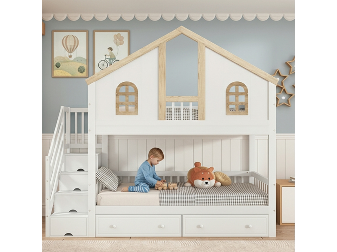 Litera Infantil De 90x200 Cm, De Madera, Con Cajones, Escalera Y Espacio De Almacenamiento, Color Blanco/natural.