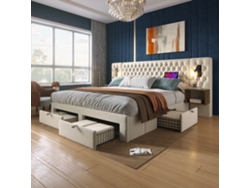 Conjunto De Cama Tapizado De 160x200 Cm Con 2 Mesillas De Noche, 4 Cajones, Led Usb, Terciopelo Beige.