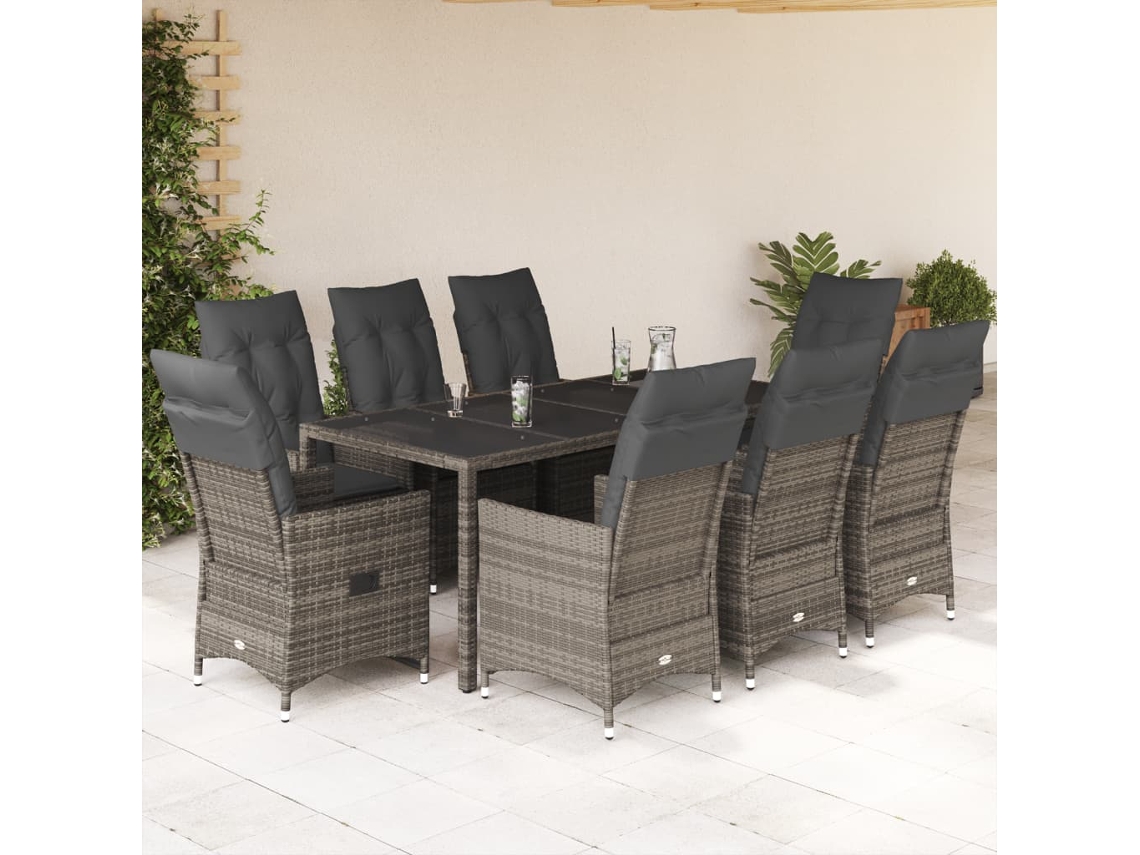 Conjunto de comedor de jardín DKD Home Decor de 9 piezas con cojines, ratán gris