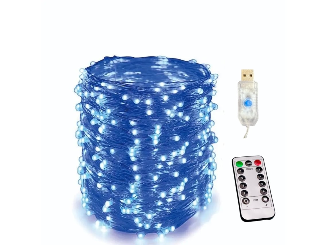 Guirnalda de luces LED USB con control remoto y 8 modos. MDUG (100 LED azules)