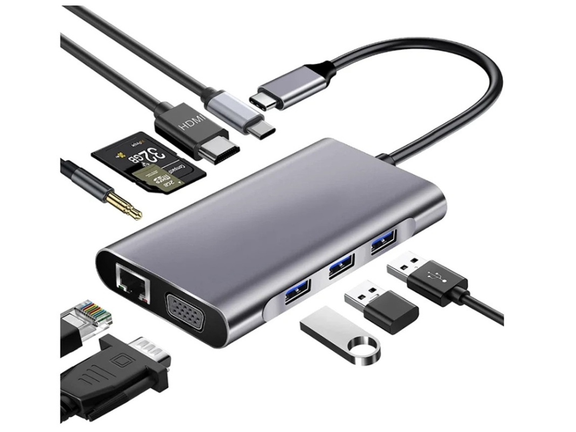 Concentrador USB-C para dos monitores, estación de acoplamiento USB-C 10 en 1 con USB-C a HDMI 4K 1080p, VGA, PD, cargador Gigabit Ethernet, gris, Bestvite