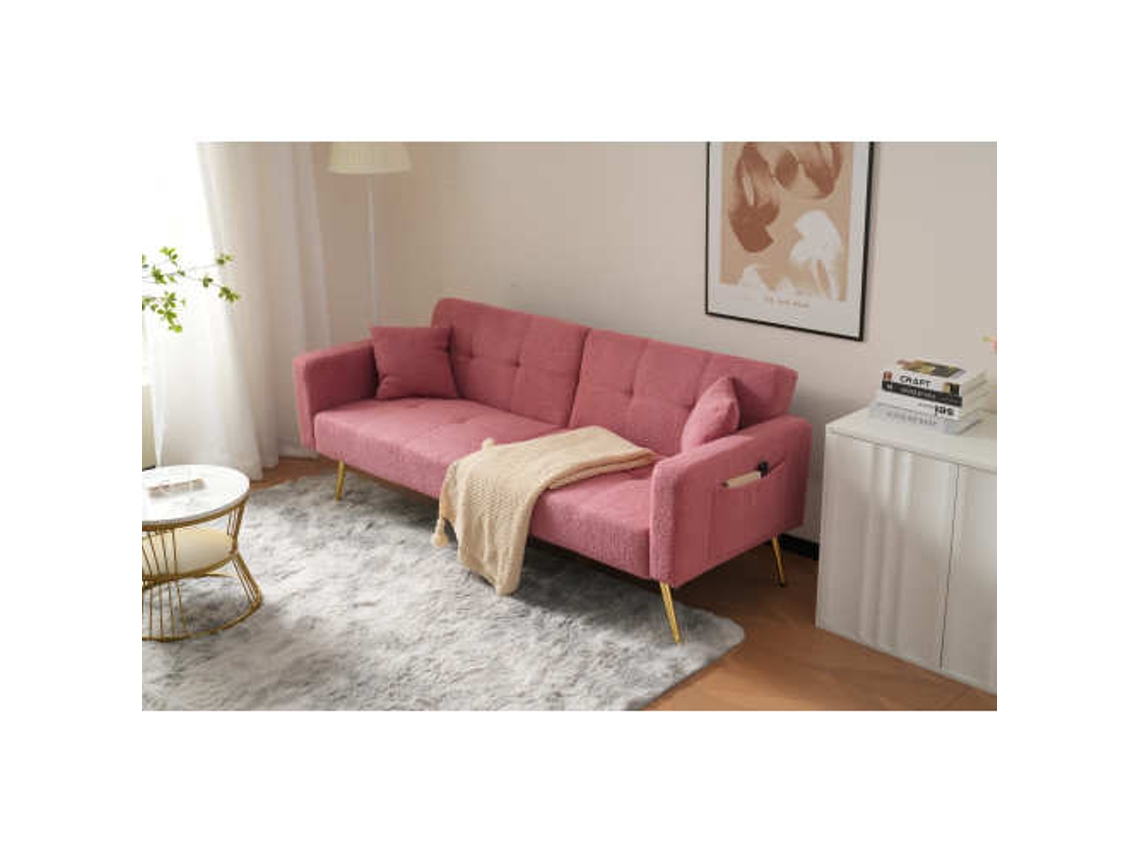 Sofá cama con ángulo ajustable, patas doradas, cojines y bolsillos laterales para almacenamiento.