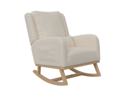 Sillón mecedor tapizado, sillón de descanso, mecedora de lino con base de madera, 2 bolsillos laterales, 1 cojín lumbar, beige