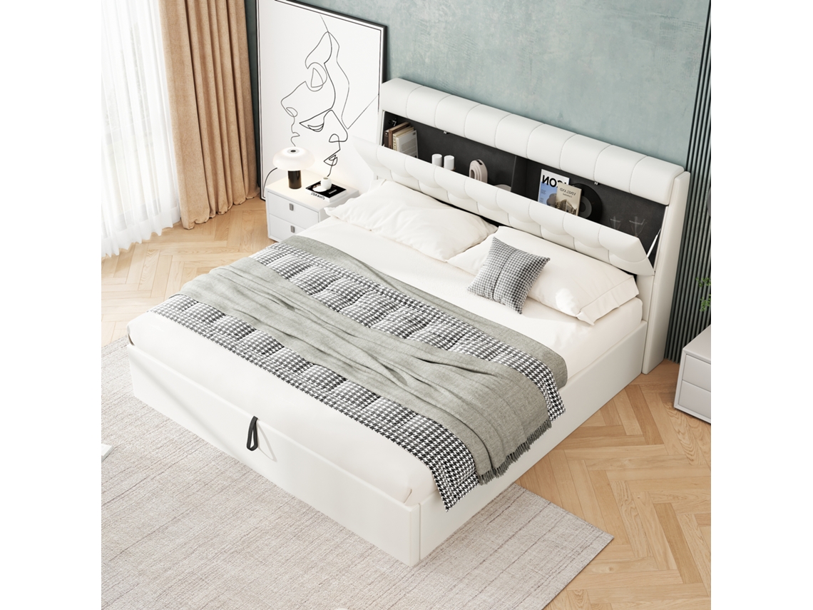 Cama Tapizada Con Espacio De Almacenamiento, 160x200 Cm, En Poliuretano Hidráulico, Color Blanco.
