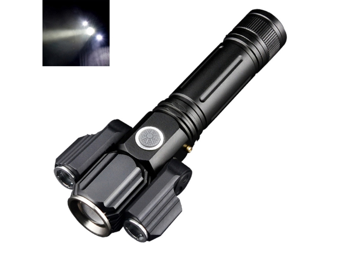 Linterna LED T6xpe, recargable vía USB, con enfoque telescópico y cuatro modos de iluminación.