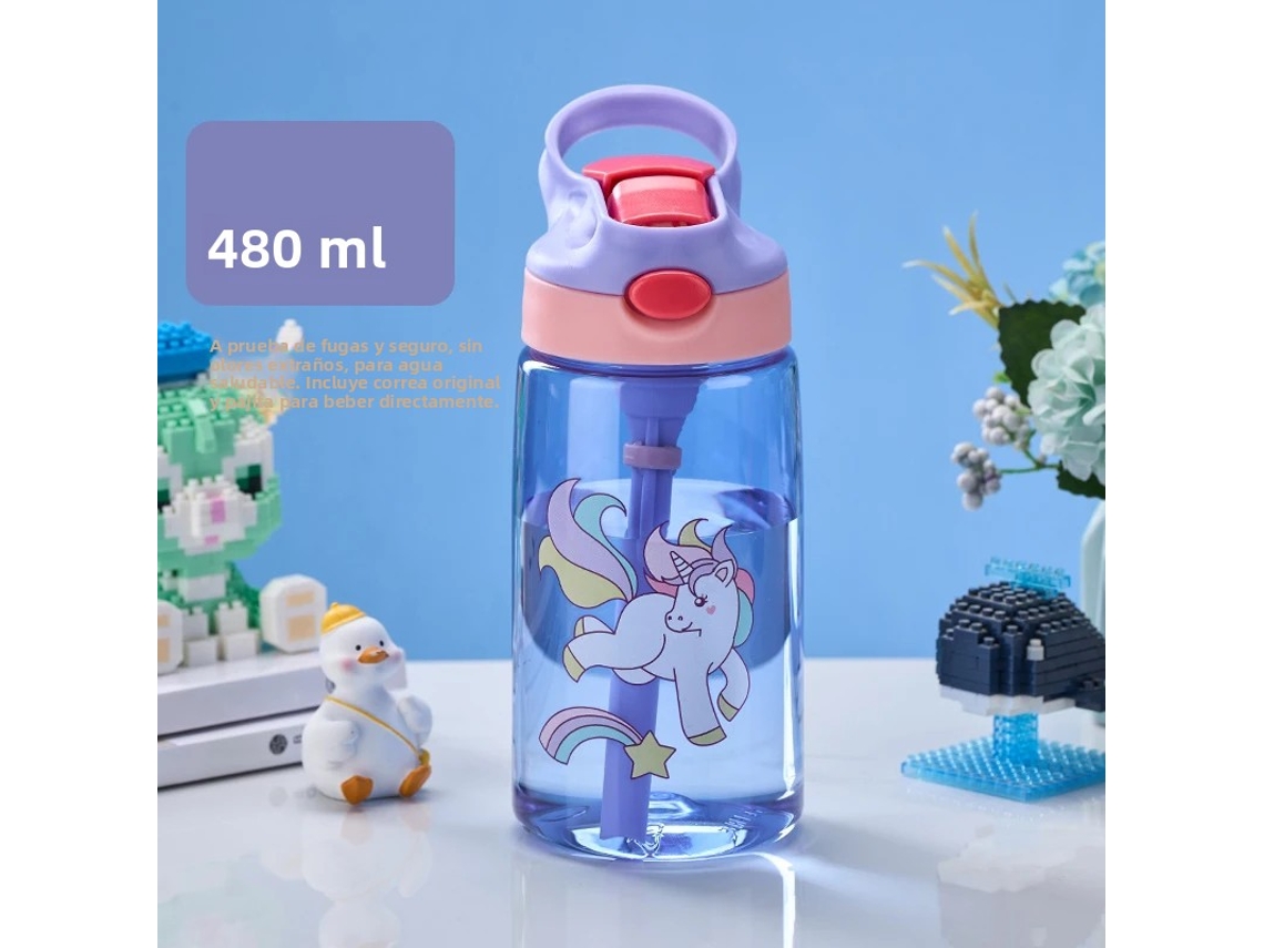 Vaso infantil con pajita anticaída, botella de agua portátil, plástico Mdug PC (Unicornio azul)