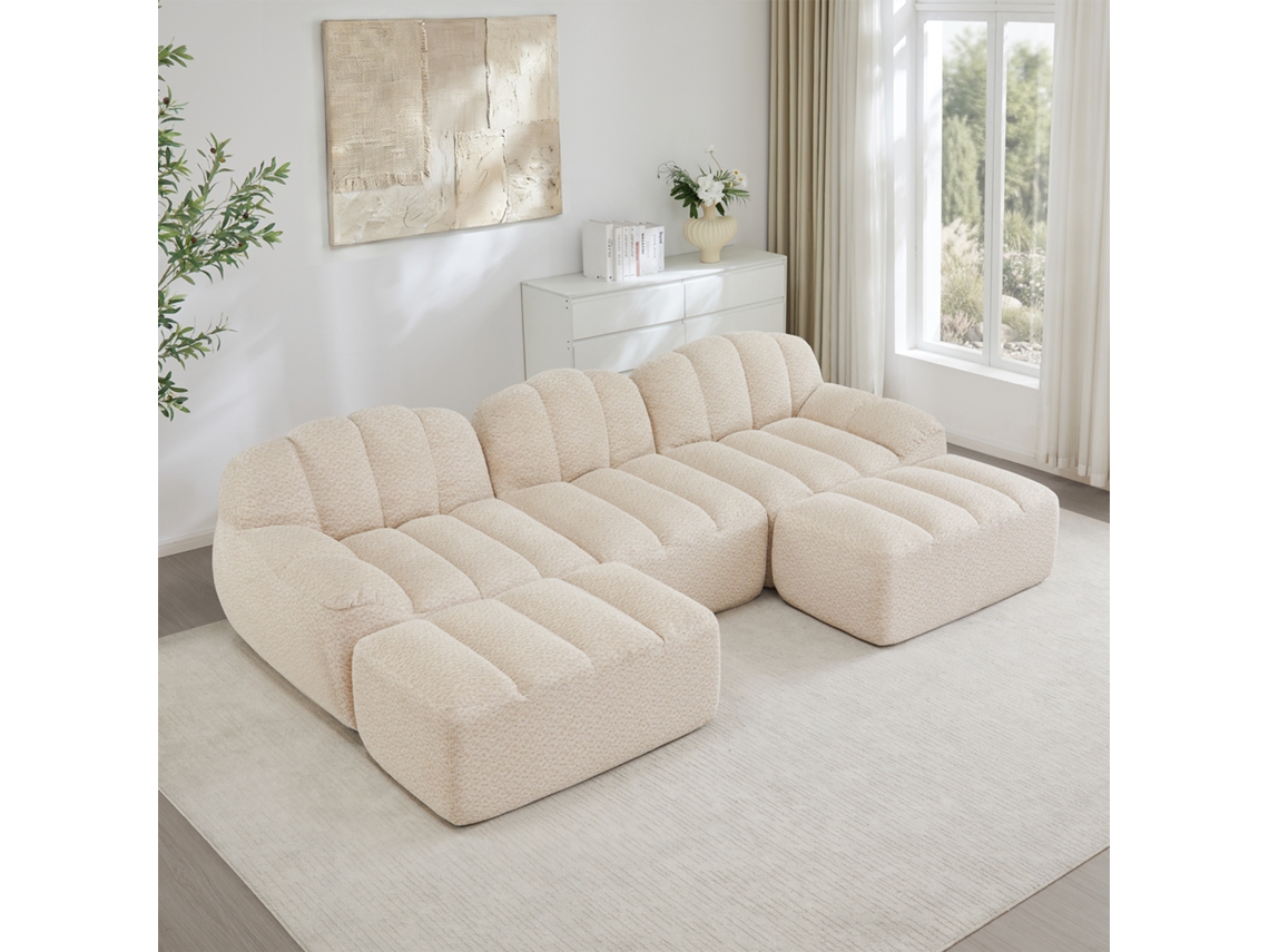 Sofá Modular En U 3 Plazas Con Otomanas Asiento Profundo Beige