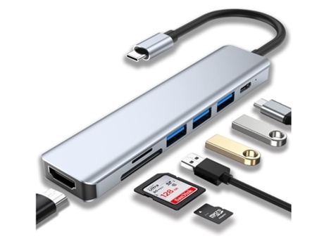 Hub USB C Adaptador USB C Estación de acoplamiento USB C 7 en 1 con 4K Hdmi Usb 3.0 100W Pd y lector de tarjetas Sd/Tf Gris BISBISOUS