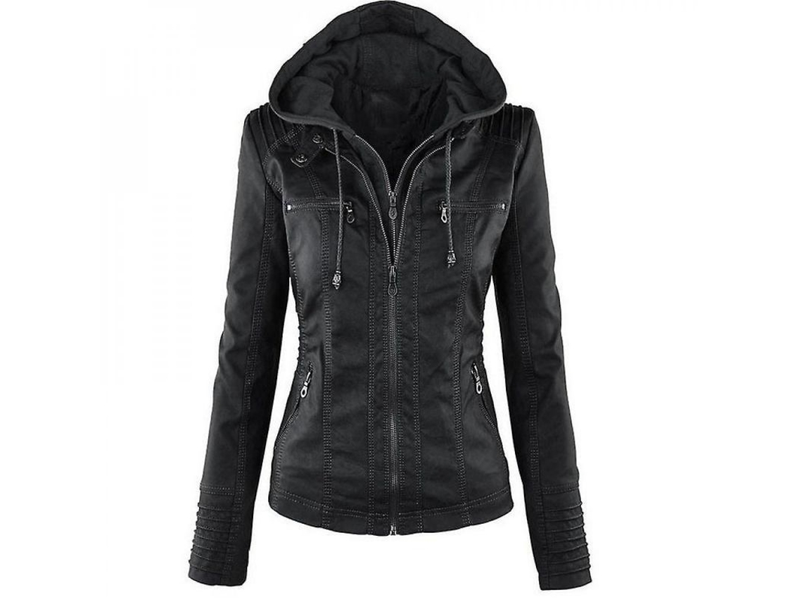 2026-chaqueta De Cuero Pu Para Mujeres Con Capucha Moto Biker Abrigo Exterior Hsd 2xl Negro