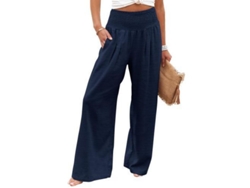 2026-pantalones De Mujer De Talle Alto Elástico De Pierna Ancha Casual Con Bolsillos S Azul Marino