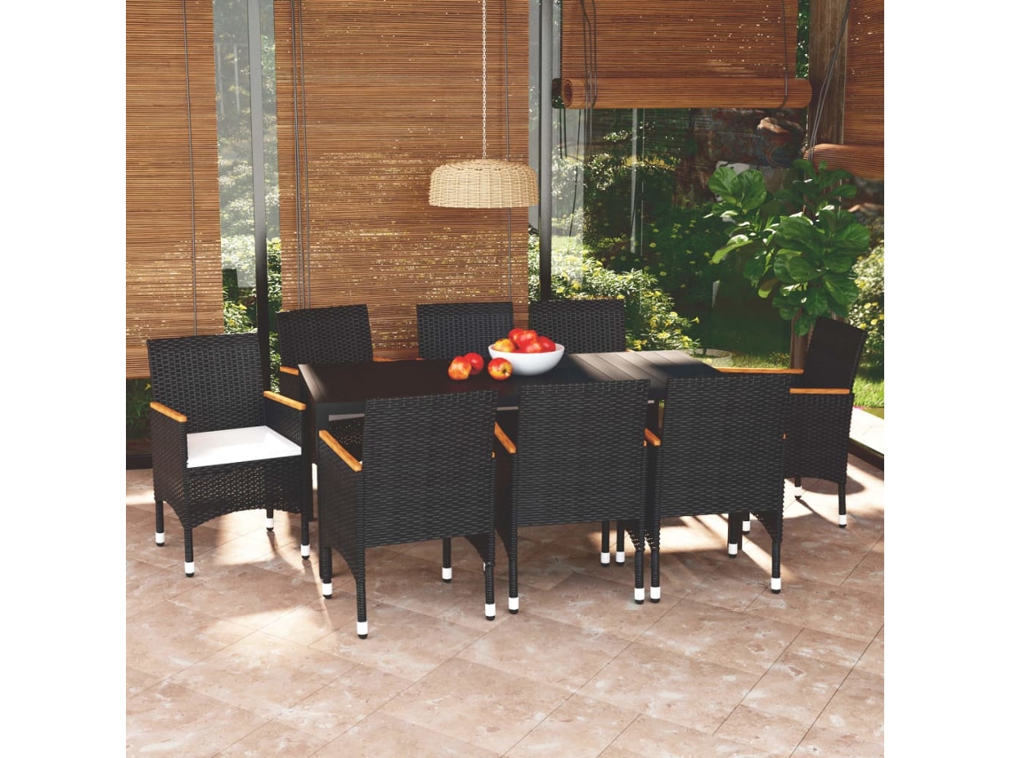 Juego de comedor de jardín de 9 piezas con cojines, mimbre sintético negro, DKD Home Decor