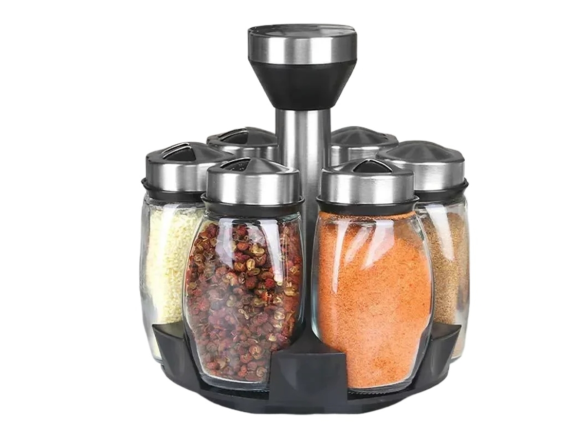 Juego De 7 Tarros De Pimienta Y Azúcar, Estante Giratorio De Vidrio Para Almacenamiento De Cocina