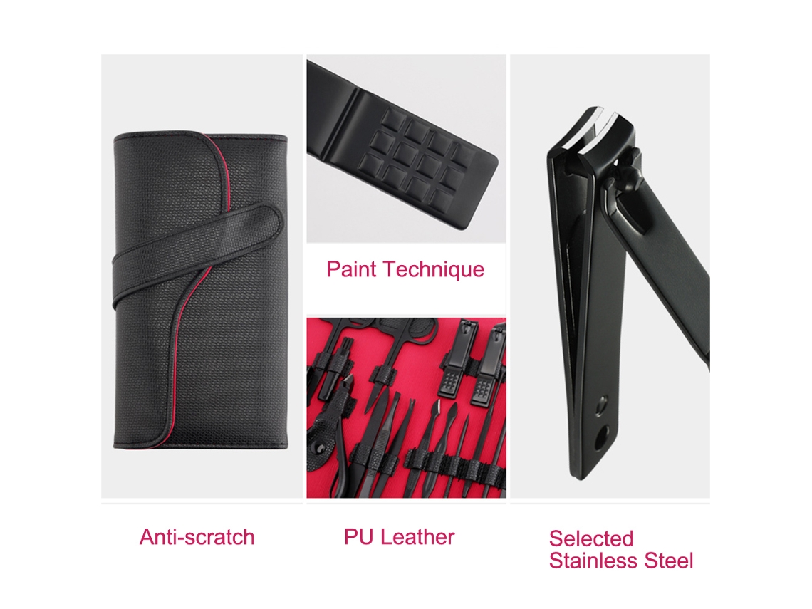 Kit de 18 piezas para manicura y pedicura con bolsa plegable para el cuidado de uñas, pies y rostro.
