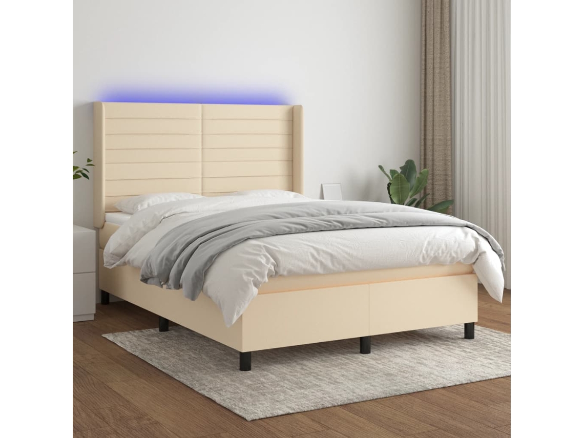Cama Box Spring Colchón Y Luces Led Tela Crema 140x200 Cm