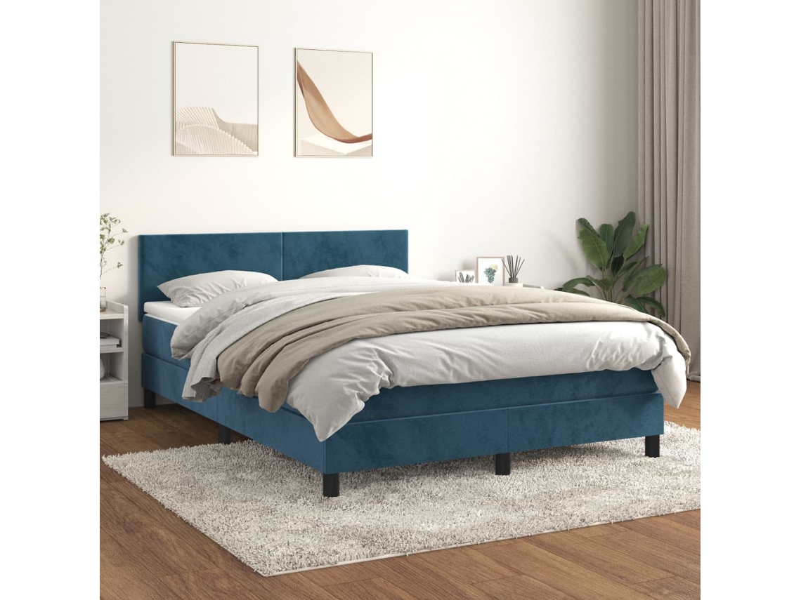 Cama Box Spring Con Colchón Terciopelo Azul Oscuro 140x200 Cm